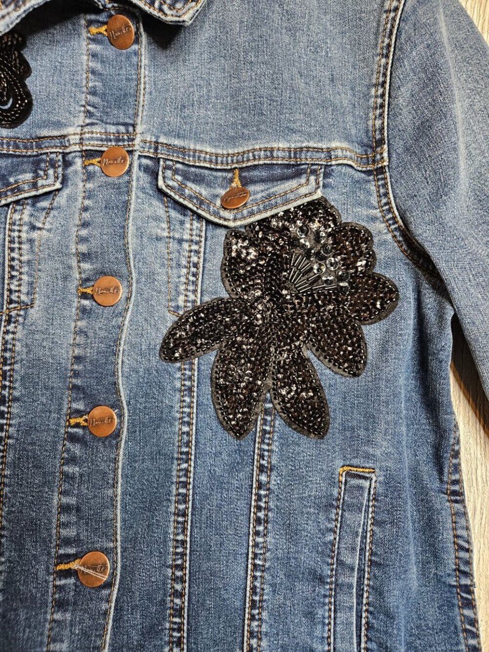 Nanette Lepore Womens XS Denim Button Jacket Black Sequin Floral Streetwear - Picture 7 of 11